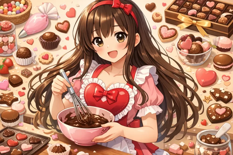 バレンタインのお菓子を作る女の子のイラスト