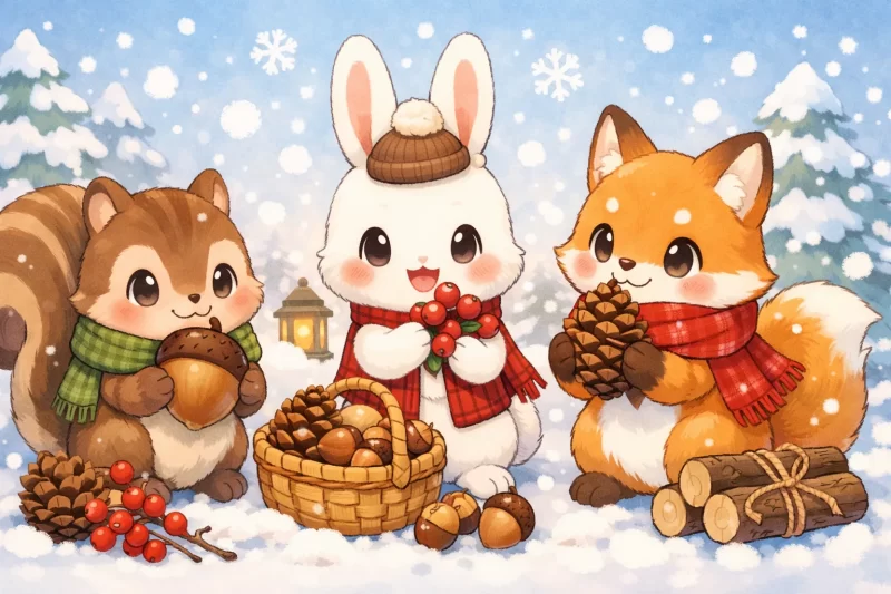 冬支度をする動物のイラスト